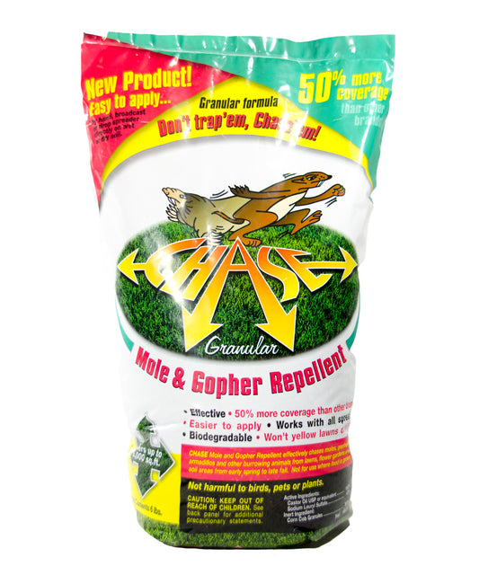 Chase Granular Mole & Gopher Repellent. All natural and non-toxic repellent for moles and gophers. Biodegradable and not harmful to birds, pets, or plants.