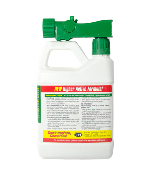 Chase Liquid Mole and Gopher Repellent. This castor oil based formula is safe for pets, plants, and birds.