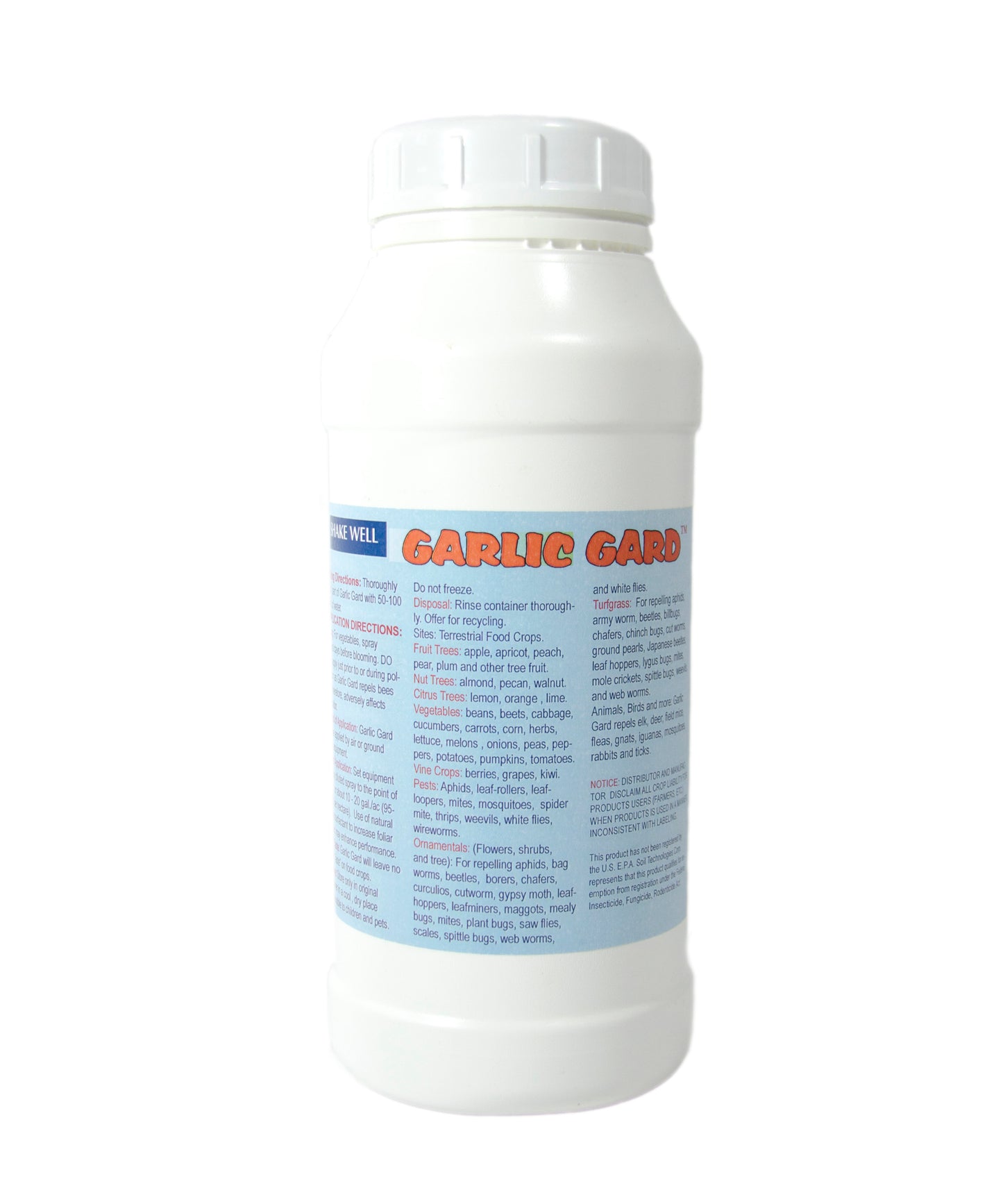 Back label of Garlic Gard. A garlic based formula made by Soil Technologies Corp. Can be used to control and repel various pests.