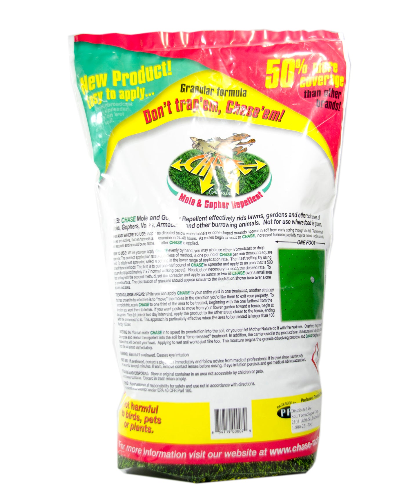 Back label of Chase granular Mole and Gopher Repellent. Repels moles and gophers in your yard or garden without harming birds, pets, or plants.