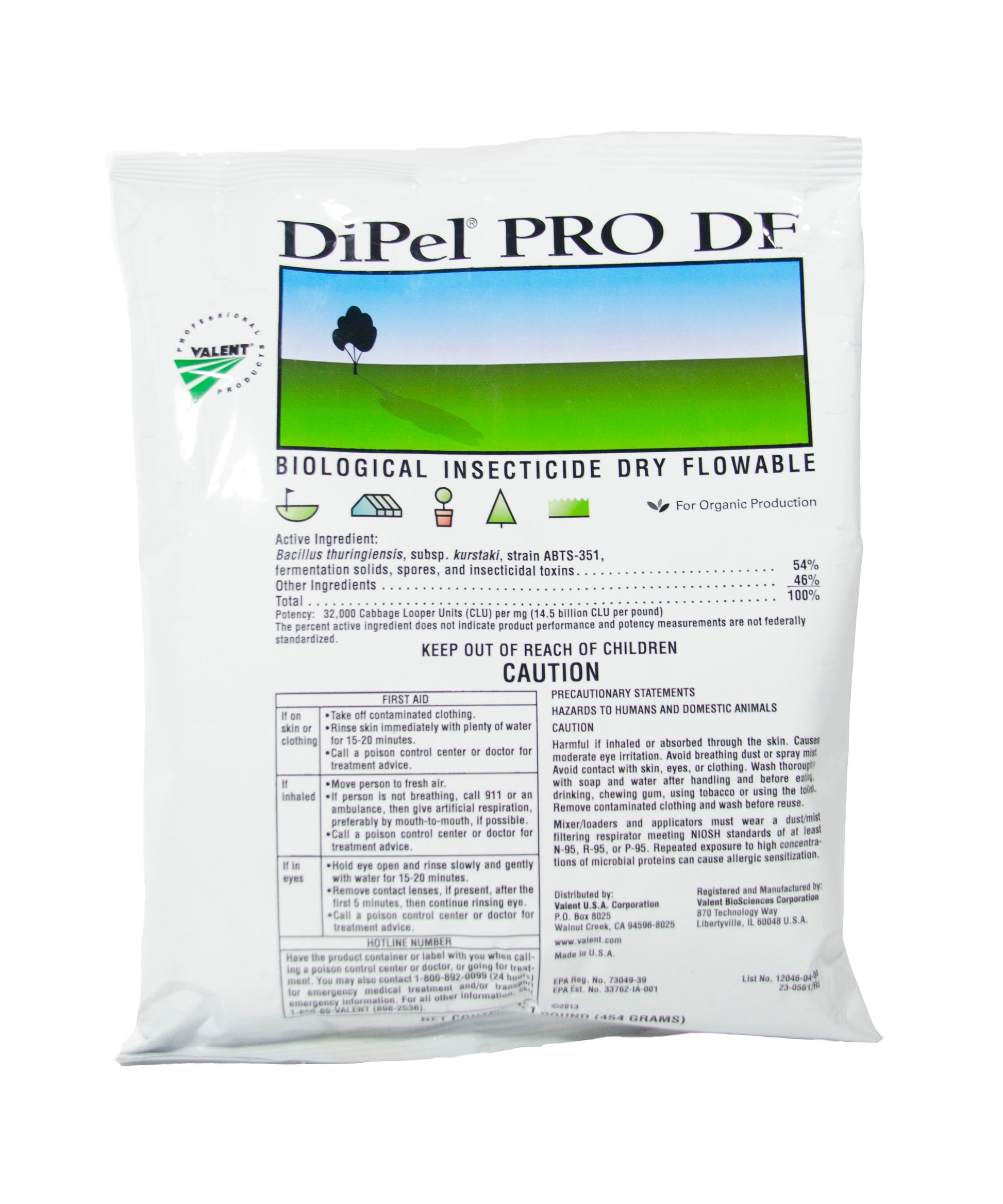 One pound bag of DiPel Pro DF. All natural biological instecticide made from Bacillus thuringiensis