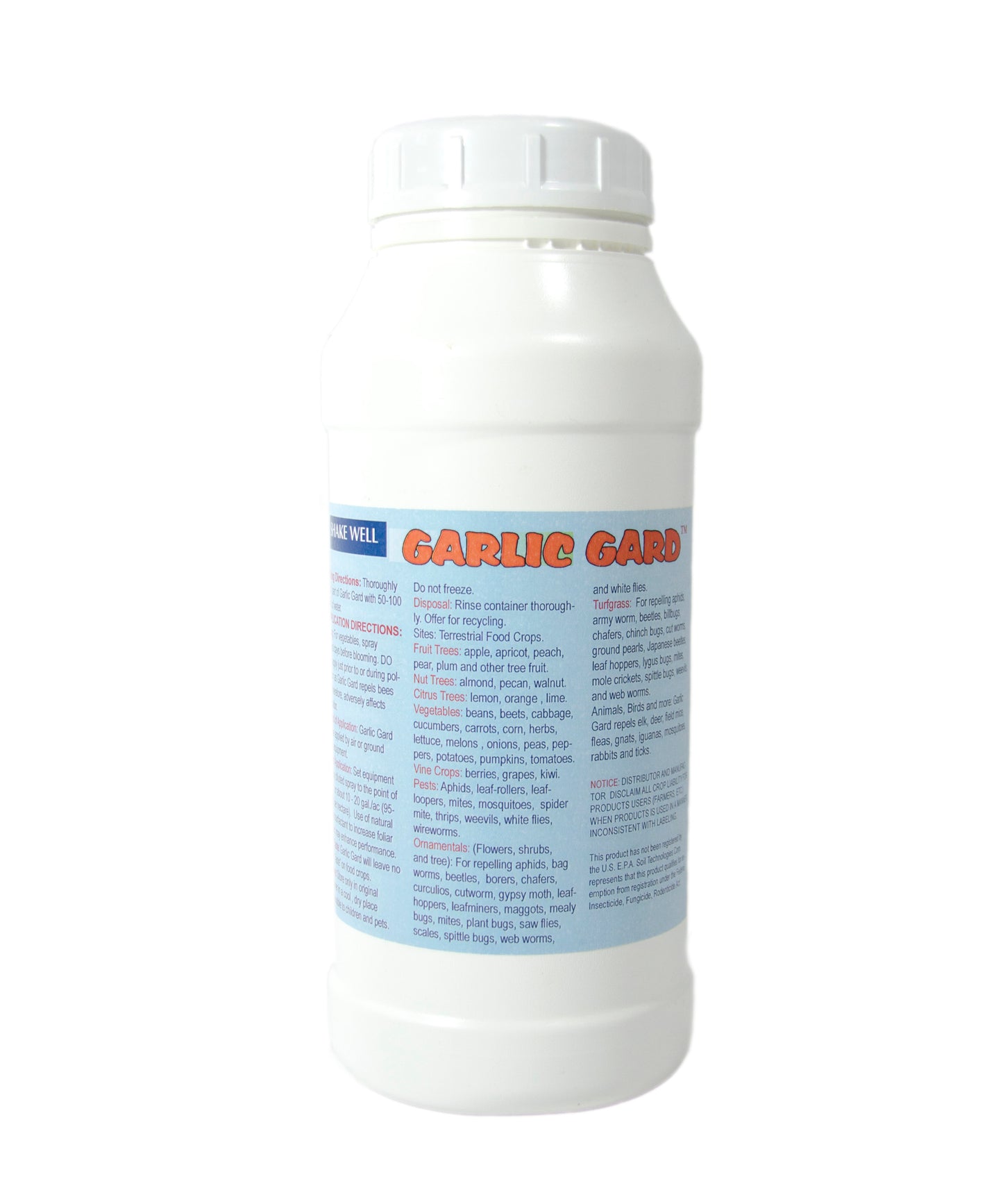 Back label of Garlic Gard. A garlic based formula made by Soil Technologies Corp.  Can be used to control and repel various pests. 
