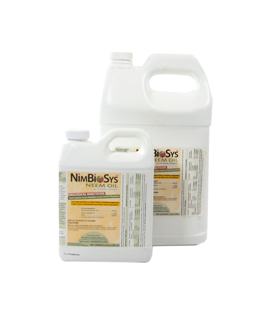 NimBioSys quart and gallon bottles. Neem oil product that helps to repel and control pests in the garden. 